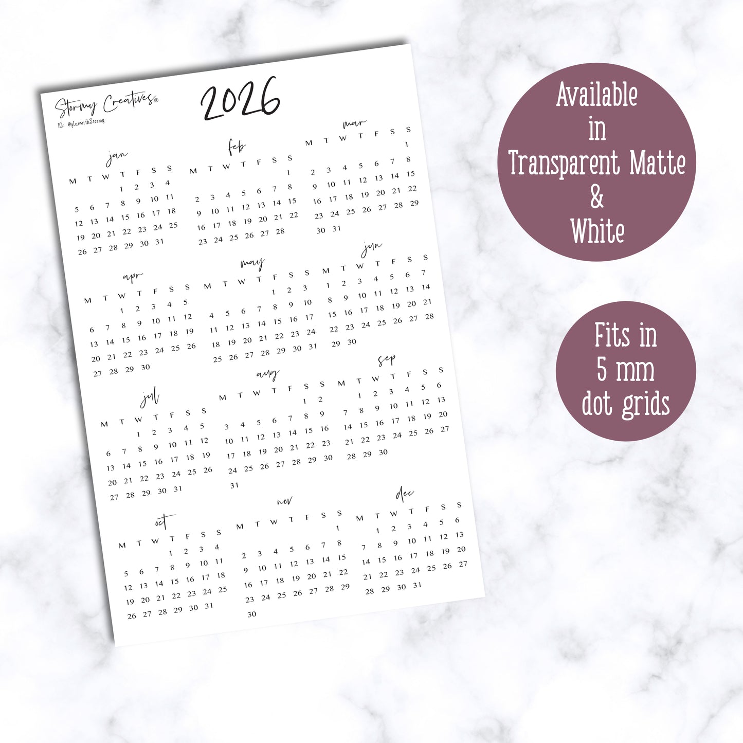 2026 Mini Calendar Stickers