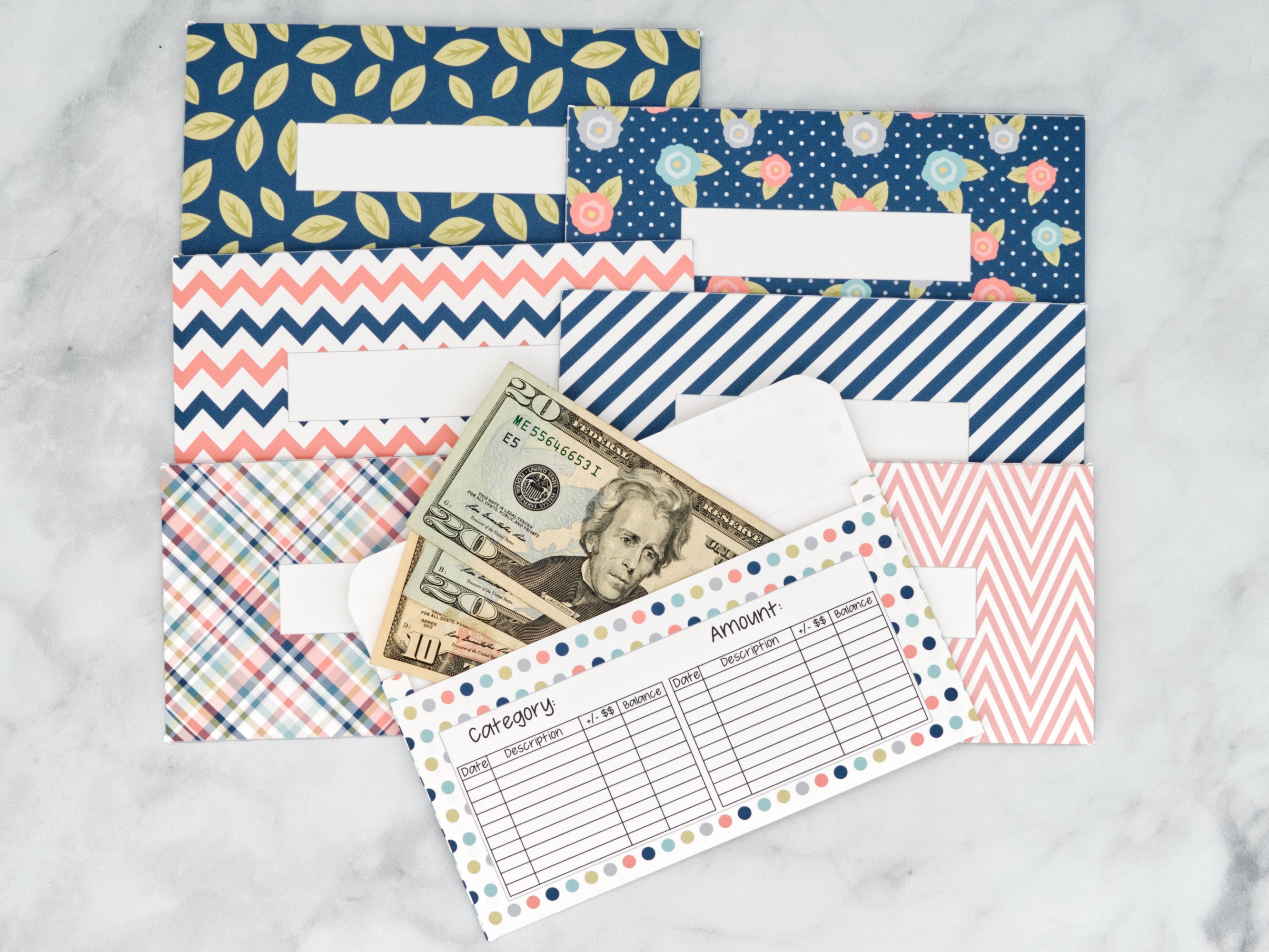 PRINTABLE Set of 7 Horizontal Cash Envelopes, July Navy Flowers Kit-42
