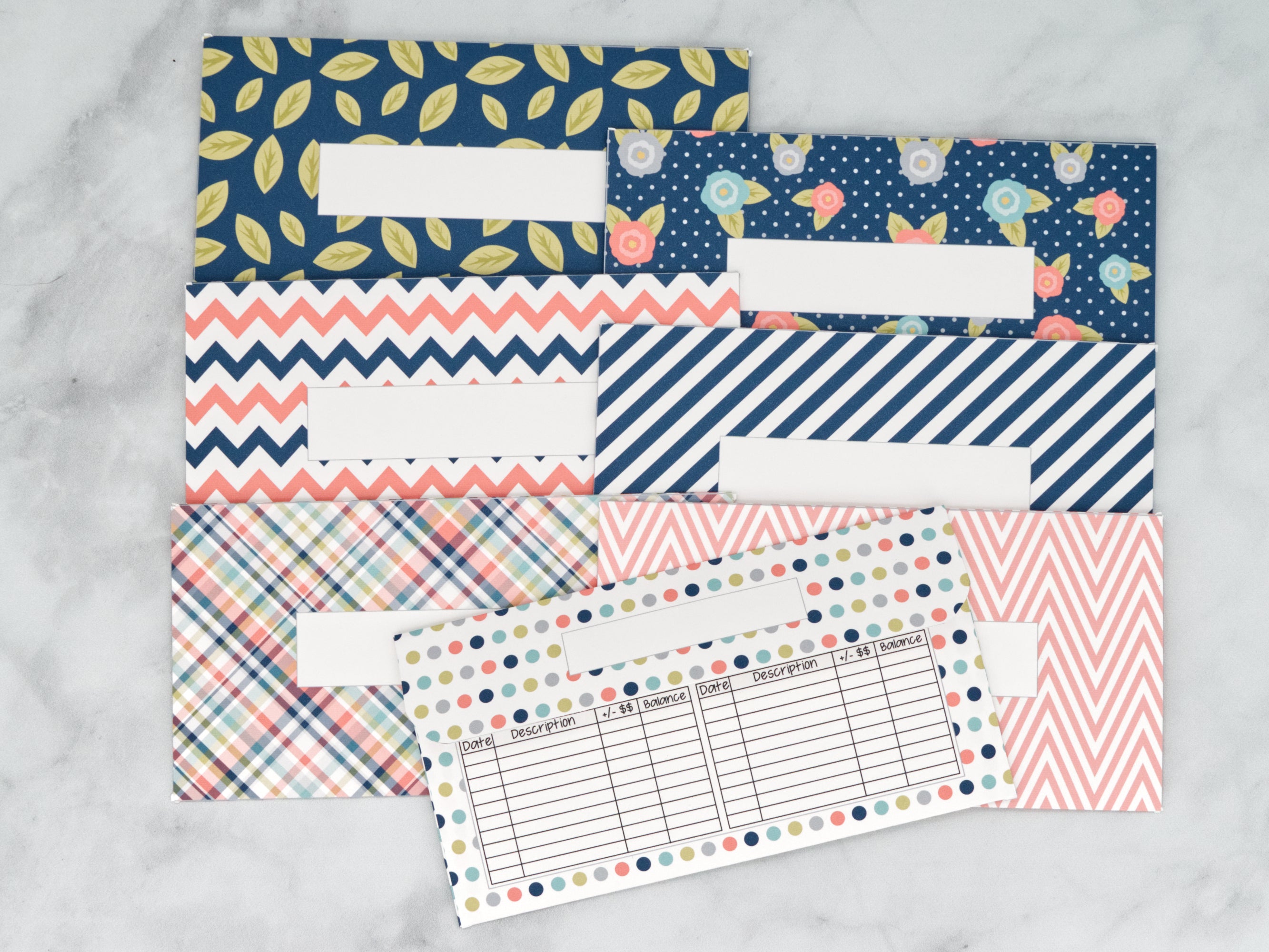 PRINTABLE Set of 7 Horizontal Cash Envelopes, July Navy Flowers Kit-42