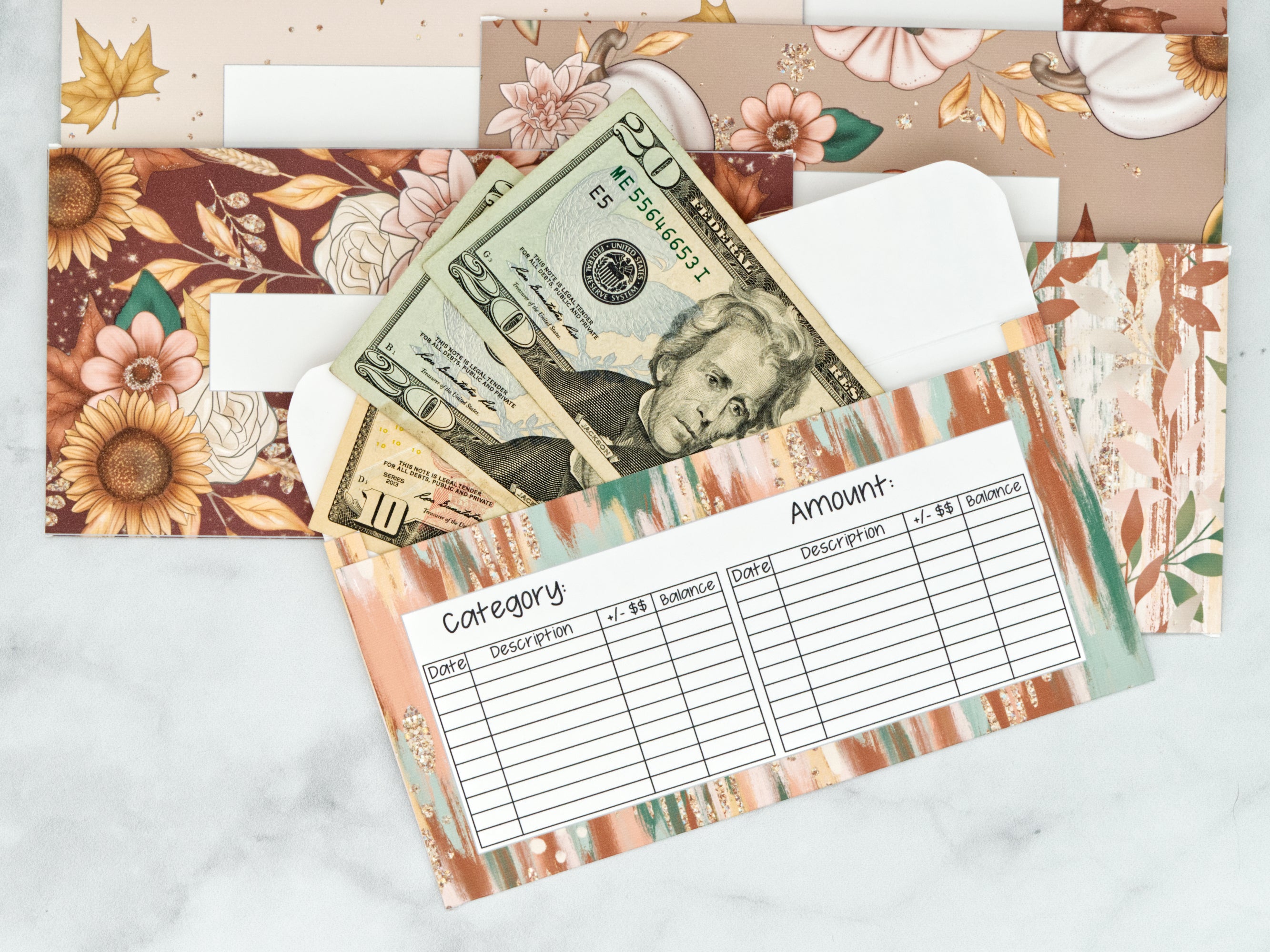 PRINTABLE Set of 7 Horizontal Cash Envelopes, September Autumn Sunflowers Kit-46