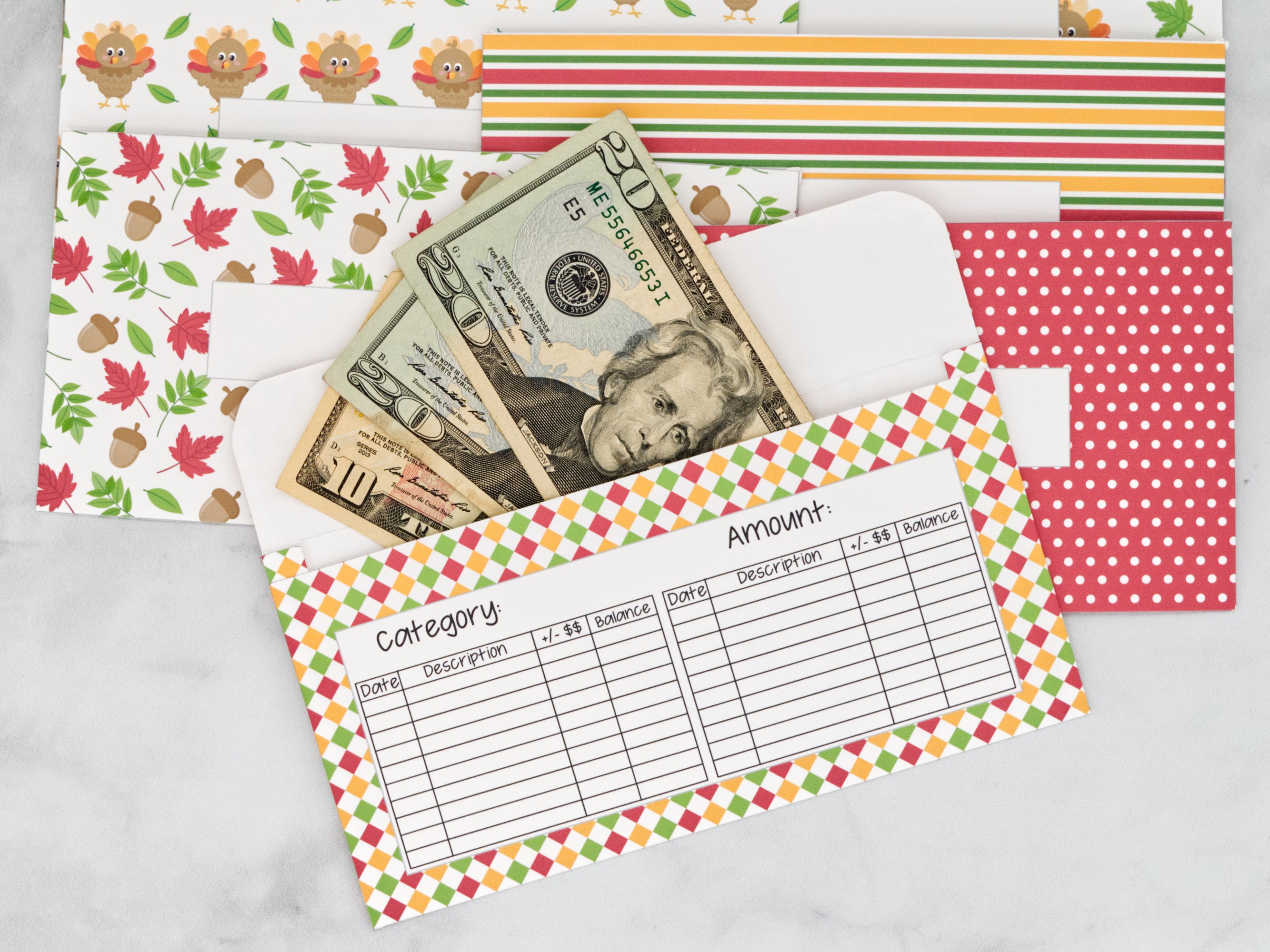 PRINTABLE Set of 7 Horizontal Cash Envelopes, November Thanksgiving Kit-50