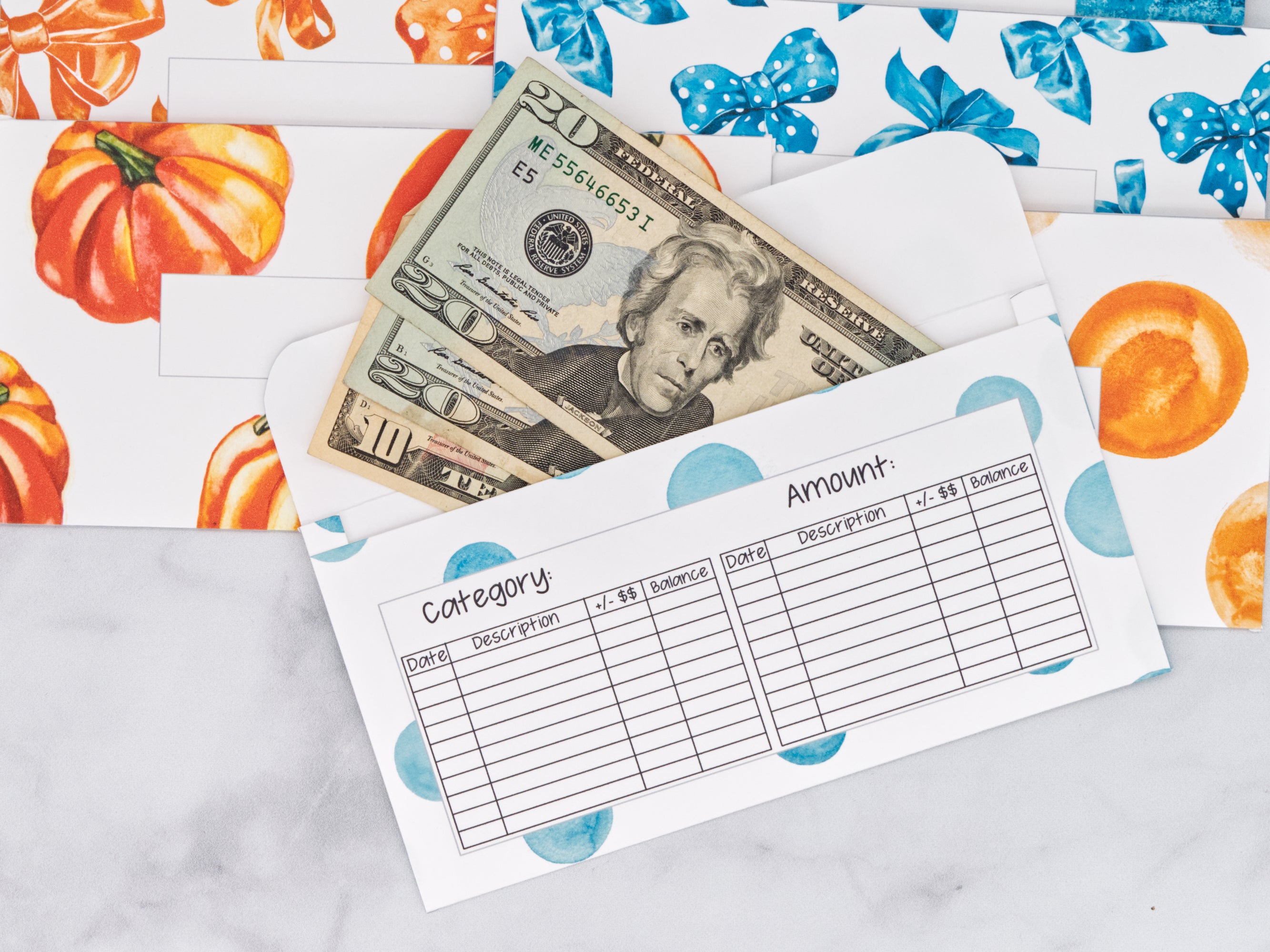 PRINTABLE Set of 7 Horizontal Cash Envelopes, November Blue Pumpkins Kit-51